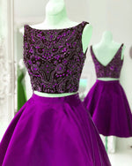 Cargar imagen en el visor de la galería, Purple-Homecoming-Dresses-Crystal-Beaded-Prom-Short-Dress-Two-Piece
