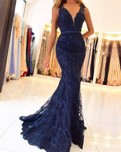 Elegant V Neck Long Lace Mermaid Evening Dresses