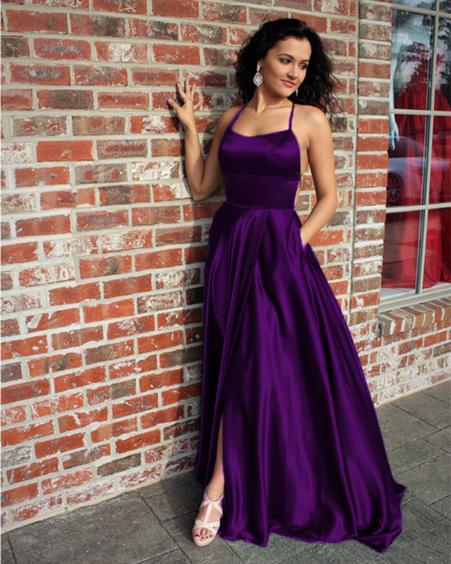 Purple V-Neck Satin Long Prom Dress With Split Evening Gowns QP3214 – SQOSA