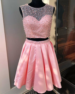 Two Piece Satin Homecoming Dresses Pearl Beaded Cocktail Dress