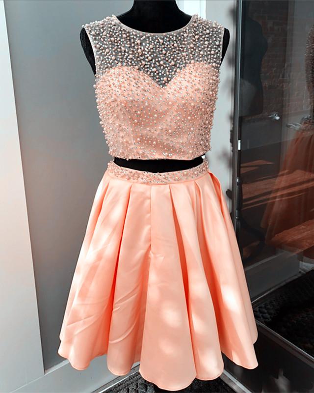 Two Piece Satin Homecoming Dresses Pearl Beaded Cocktail Dress
