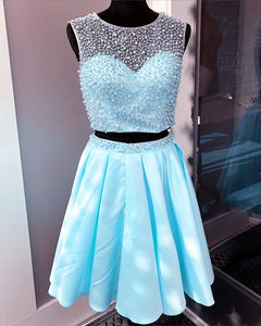Two Piece Satin Homecoming Dresses Pearl Beaded Cocktail Dress