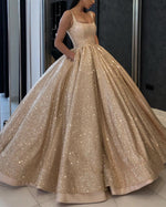 Load image into Gallery viewer, Luxury-Wedding-Dresses-Satin-Ballgowns-Gold-Sequins-Beaded
