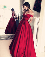 Load image into Gallery viewer, Floor Length Satin V-neck Prom Dresses Off Shoulder Evening Gown
