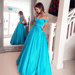 Turquoise Blue Satin Long Evening Prom Dresses Ball Gowns 2017