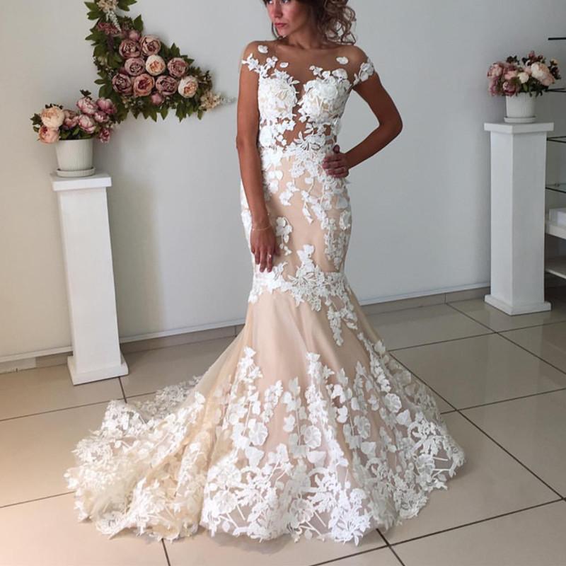 Ivory Lace Appliques Champagne Mermaid Wedding Dresses Open Back