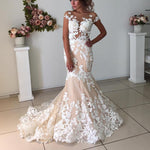 Load image into Gallery viewer, Ivory Lace Appliques Champagne Mermaid Wedding Dresses Open Back
