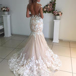 Load image into Gallery viewer, Ivory Lace Appliques Champagne Mermaid Wedding Dresses Open Back
