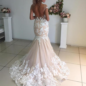 Ivory Lace Appliques Champagne Mermaid Wedding Dresses Open Back