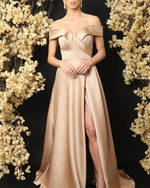 Cargar imagen en el visor de la galería, Sexy Off The Shoulder Long Satin V-neck Bridesmaid Dresses Leg Split
