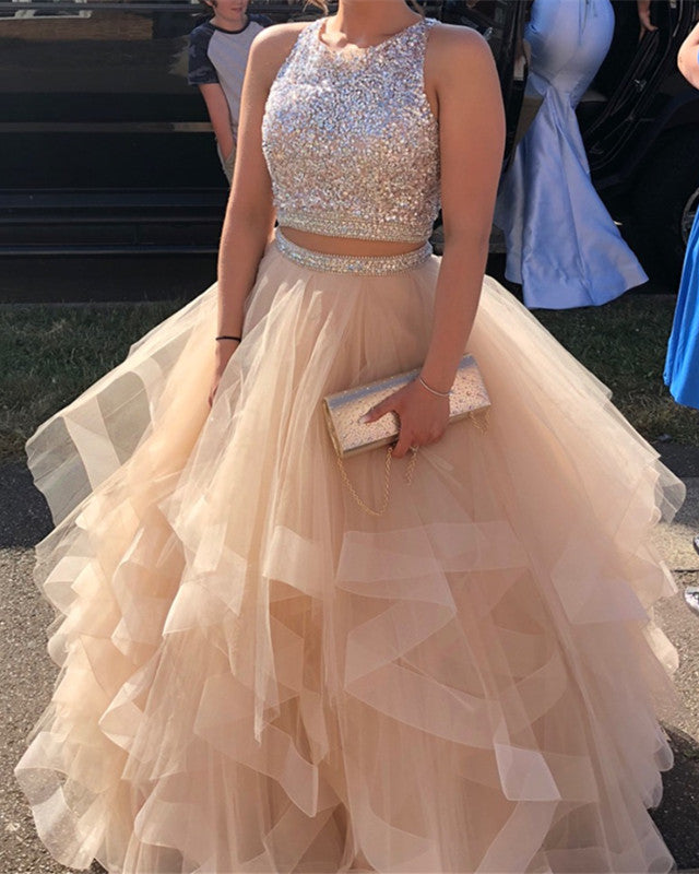 Exquisite Sequin Beaded Organza Ruffles Prom Dresses Two Piece