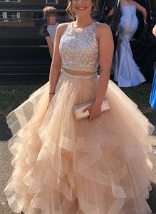 Exquisite Sequin Beaded Organza Ruffles Prom Dresses Two Piece