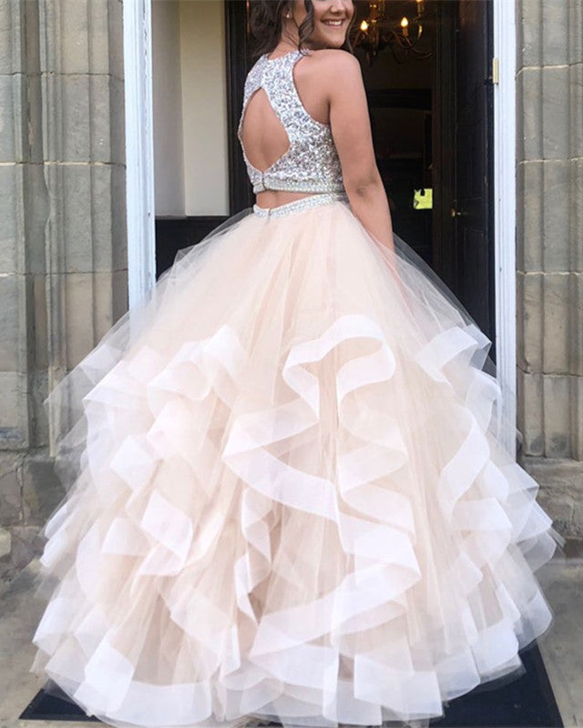 Exquisite Sequin Beaded Organza Ruffles Prom Dresses Two Piece