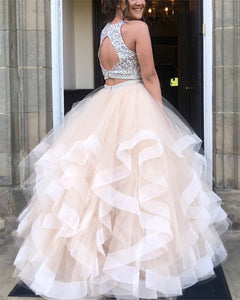 Exquisite Sequin Beaded Organza Ruffles Prom Dresses Two Piece