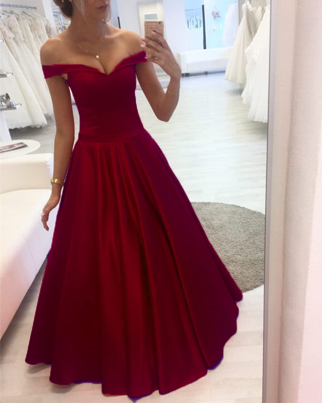 Off-Shoulder Satin V-neck Floor Length Prom Dresses Ball Gowns