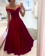 Load image into Gallery viewer, Off-Shoulder Satin V-neck Floor Length Prom Dresses Ball Gowns
