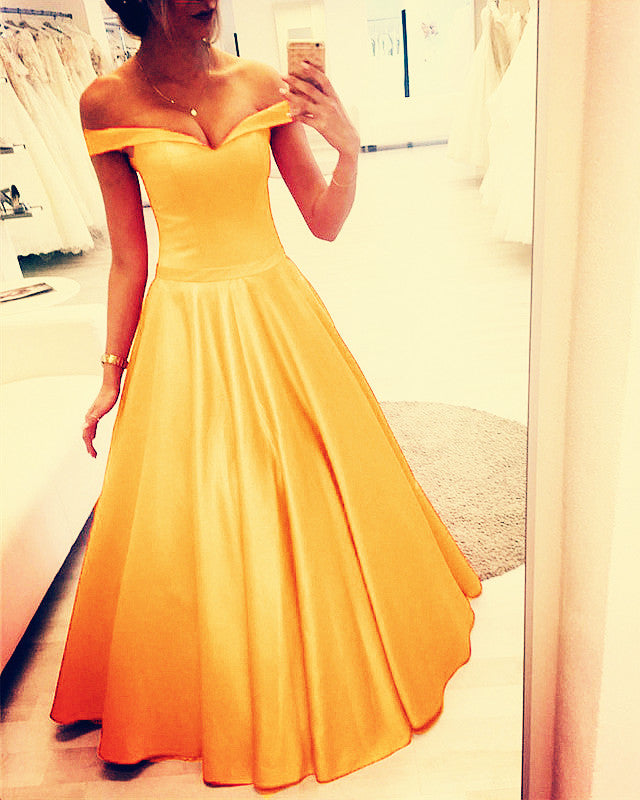 Off-Shoulder Satin V-neck Floor Length Prom Dresses Ball Gowns