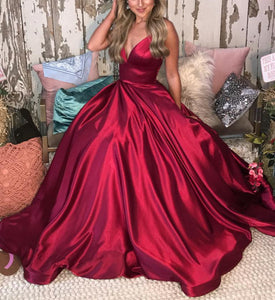 Long Prom Dresses 2019 Satin V-neck Floor Length Evening Gowns