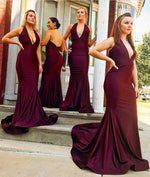 Load image into Gallery viewer, Long Burgundy Bridesmaid Dresses Halter Mermaid Gowns

