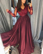 Load image into Gallery viewer, Lace Long Sleeves V-neck Chiffon Split Evening Gowns
