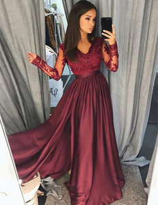 Lace Long Sleeves V-neck Chiffon Split Evening Gowns
