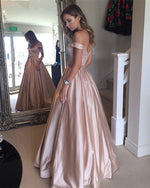 Cargar imagen en el visor de la galería, Long Satin V-neck Off Shoulder Prom Dresses Beaded Sashes Evening Gowns
