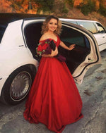 Load image into Gallery viewer, Burgundy Satin Off The Shoulder Ball Gowns Evening Dresses 2018
