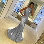 Load image into Gallery viewer, Silver Sequins Halter Long Mermaid Evening Gowns 2019
