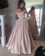 Load image into Gallery viewer, Long Satin V-neck Off Shoulder Prom Dresses Beaded Sashes
