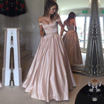 Cargar imagen en el visor de la galería, Long Satin V-neck Off Shoulder Prom Dresses Beaded Sashes Evening Gowns
