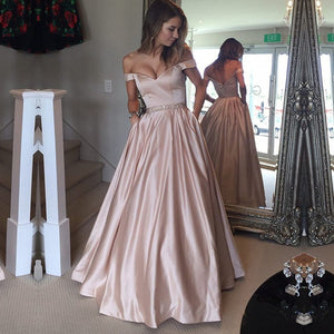 Long Satin V-neck Off Shoulder Prom Dresses Beaded Sashes Evening Gowns