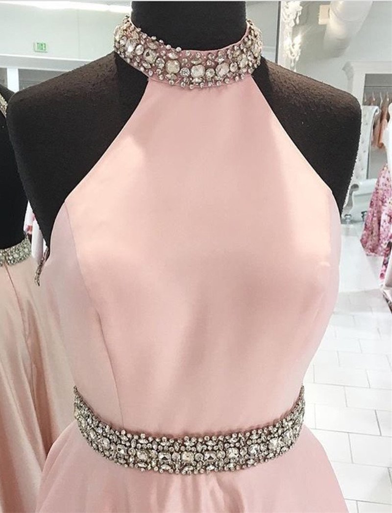 Crystal Beaded High Neck Short Pink Satin Homecoming Dresses 2022