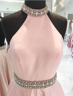 Load image into Gallery viewer, Crystal Beaded High Neck Short Pink Satin Homecoming Dresses 2022

