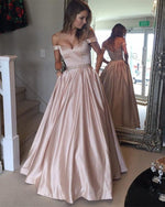 Afbeelding in Gallery-weergave laden, Nude-Pink-Prom-Dresses-2019-Long-Satin-Evening-Gowns-Off-The-Shoulder
