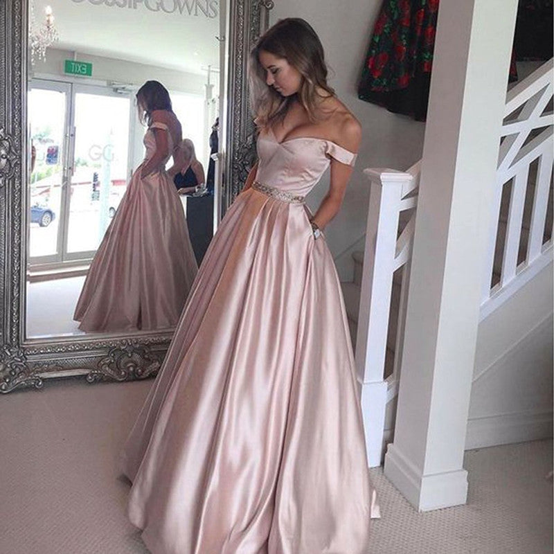 Long Satin V-neck Off Shoulder Prom Dresses Beaded Sashes Evening Gowns