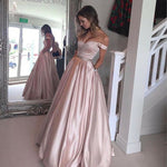 Load image into Gallery viewer, Long Satin V-neck Off Shoulder Prom Dresses Beaded Sashes Evening Gowns
