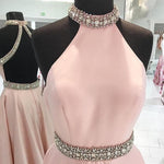 Load image into Gallery viewer, Crystal Beaded High Neck Short Pink Satin Homecoming Dresses 2022
