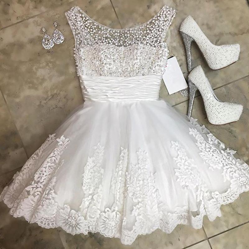 White Lace Homecoming Dresses Pearl Beading