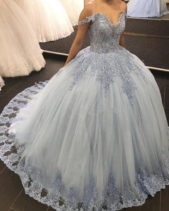 Lace Embroidery Tulle Ball Gowns Wedding Off Shoulder Dresses