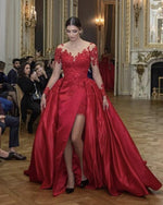 Load image into Gallery viewer, Illusion Scoop Neck Long Sleeves Satin Evening Dress Lace Appliques
