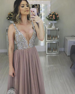 Long Tulle V-neck Prom Evening Dresses Crystal Beaded