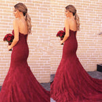 Cargar imagen en el visor de la galería, Dark-Red-Prom-Mermaid-Gowns-Lace-Formal-Dress-2019
