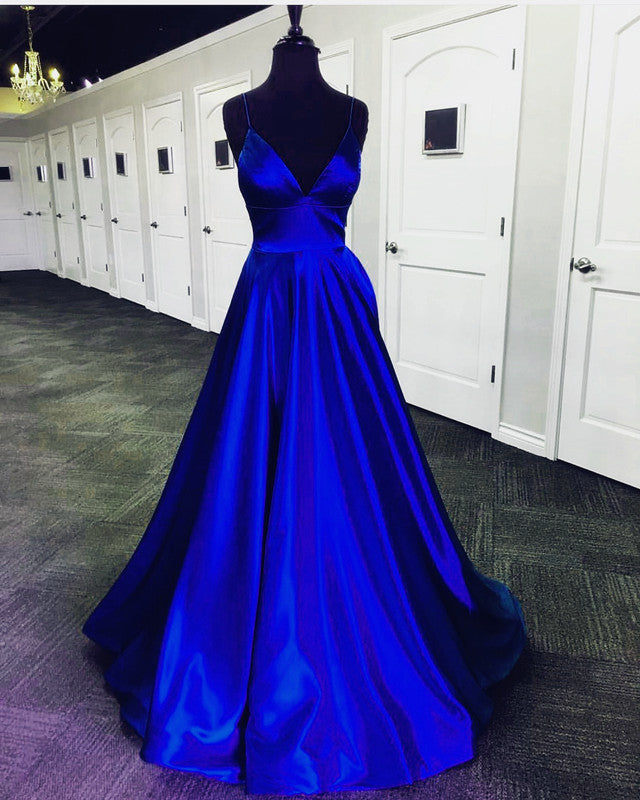 Long Prom Dresses 2019 Satin V-neck Floor Length Evening Gowns