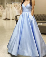 Load image into Gallery viewer, Long-Satin-Light-Blue-Prom-Gowns-2019-Women&#39;s-V-neck-Formal-Dresses
