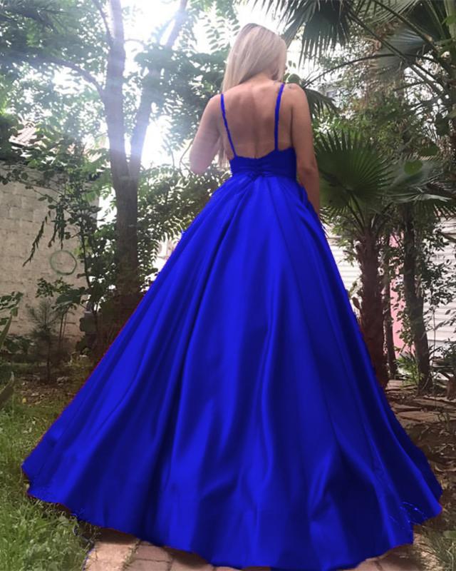 Deep V-neck Long Satin Royal Blue Evening Dresses