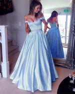 Load image into Gallery viewer, Sexy Off Shoulder Beaded Sashes Satin Prom Dresses Ball Gowns
