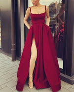 Load image into Gallery viewer, Burgundy-Evening-Dresses-Long-Satin-Split-Prom-Gowns-2019
