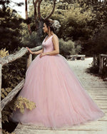 Load image into Gallery viewer, Satin V-neck Tulle Ball Gowns Wedding Dresses Pearl Pink
