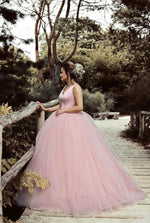 Load image into Gallery viewer, Satin V-neck Tulle Ball Gowns Wedding Dresses Pearl Pink
