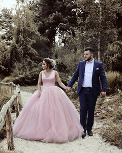Satin V-neck Tulle Ball Gowns Wedding Dresses Pearl Pink